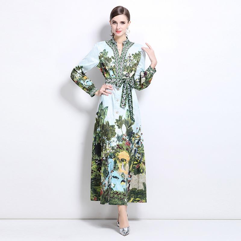 Jaro Podzim Dámské Vintage Potisk Hluboký Výstřih do V Dlouhý Rukáv Jednořadé Dlouhé Maxi Dovolená Plážové Šaty