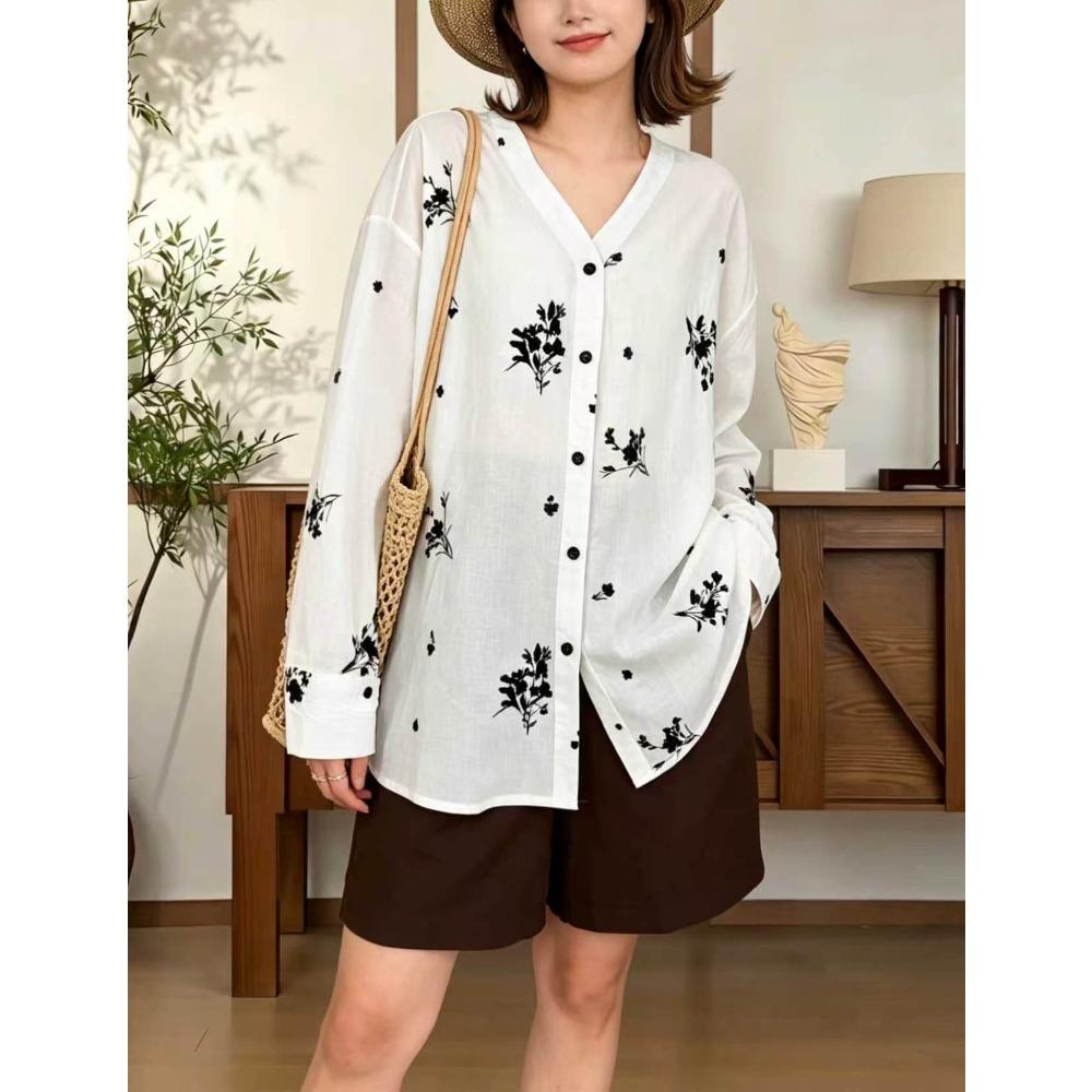 DIMANAF 2026 Women Plus Size New Summer Blouse Shirt Long Sleeve Embroidery Floral Casual Loose Lady Tops Shirts