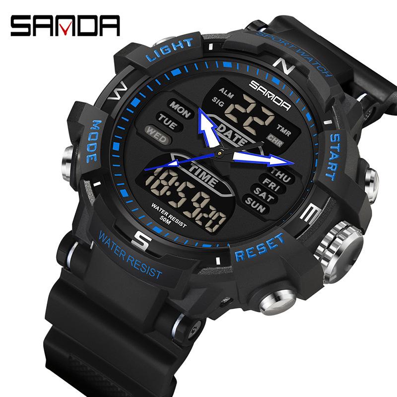 Sanda Men's Casual Sports Waterproof Dual Display Digital Watch