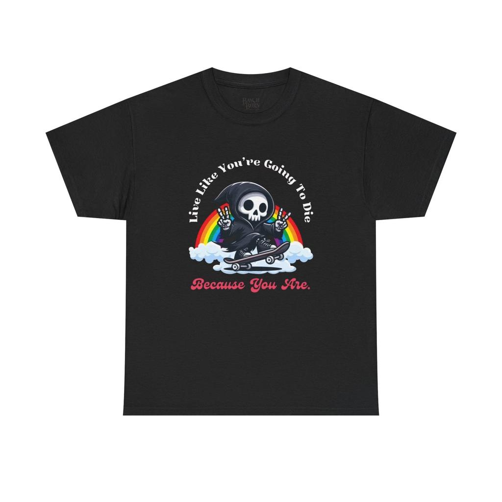 Skateboarding Grim Reaper Tee | Live Like Youre Going To Die Rainbow Design