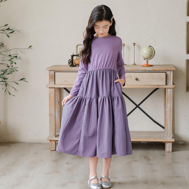 Girls' Spring 2025 Long Sleeve Mori Style Dress with Spliced Big Swing Skirt.