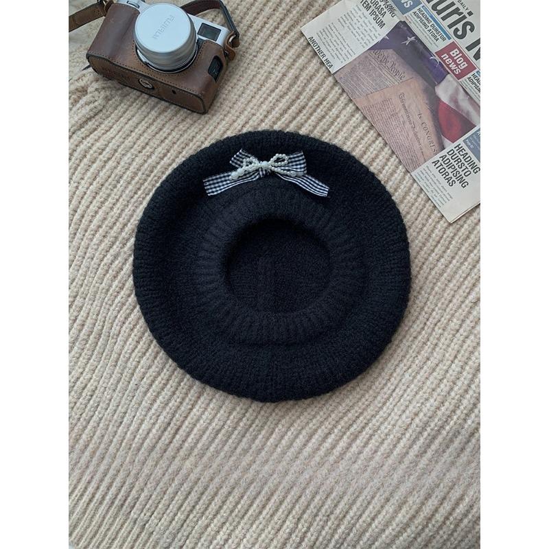 

Bow Gray Beret Women s Autumn and Winter Warm Knitted Plush Painter s Hat Large Head Circumference Versatile Beret Hat one size
