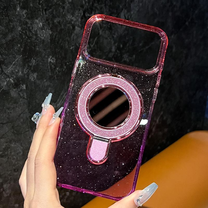 For Magsafe Magnetic Wireless Charging Gradient Two Tone Glitter Mirror Bracket Phone Case For iPhone 17 Pro Max Air Back Cover