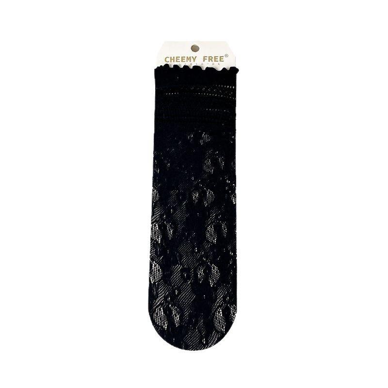Lace Socks, Thin Pile Socks, Sweat-absorbing and Breathable, Mesh, Black Ear-edge, Women's Mid-calf Socks with Cutlery