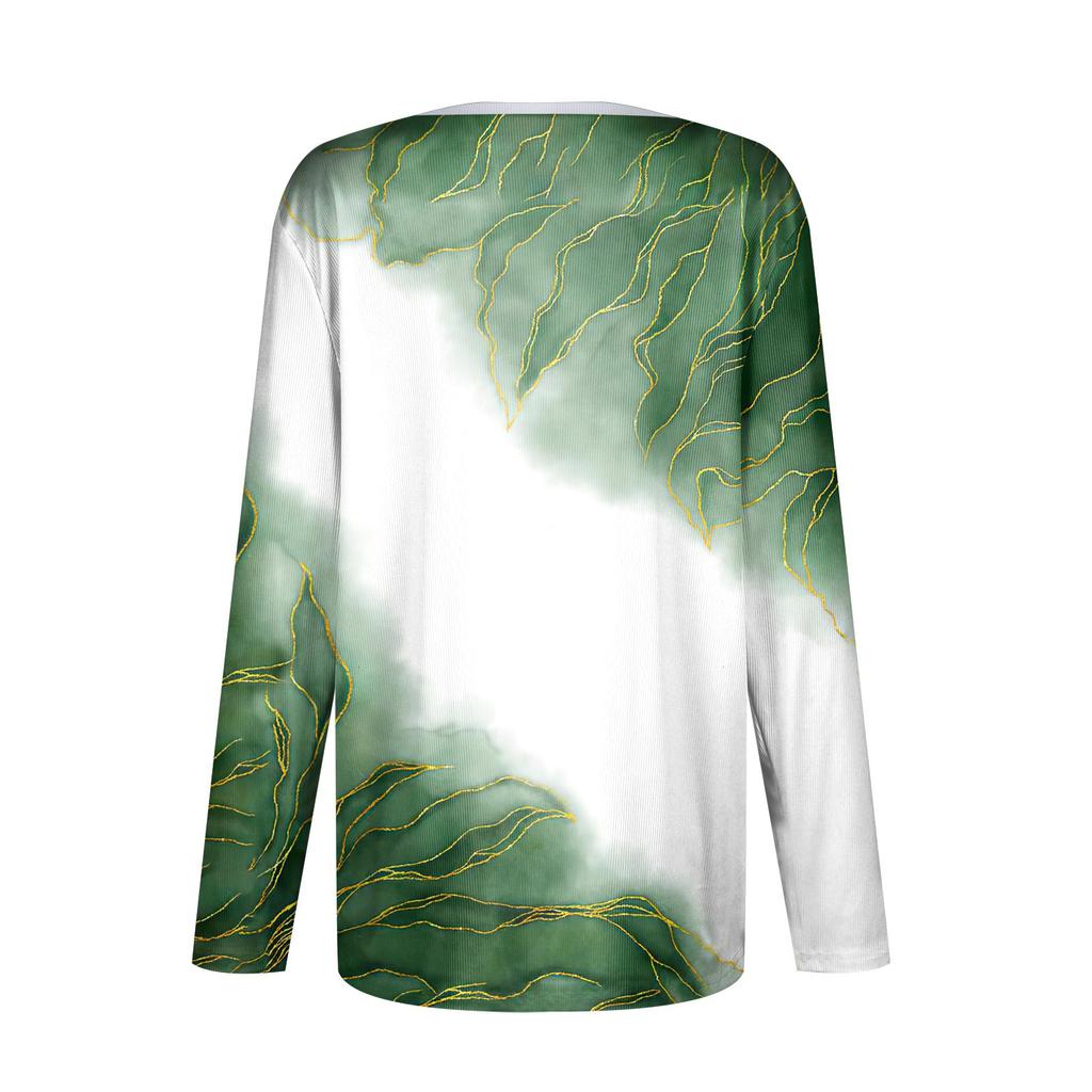 Women's Casual Long Sleeved V-neck Button Printing Slim Fitting Top