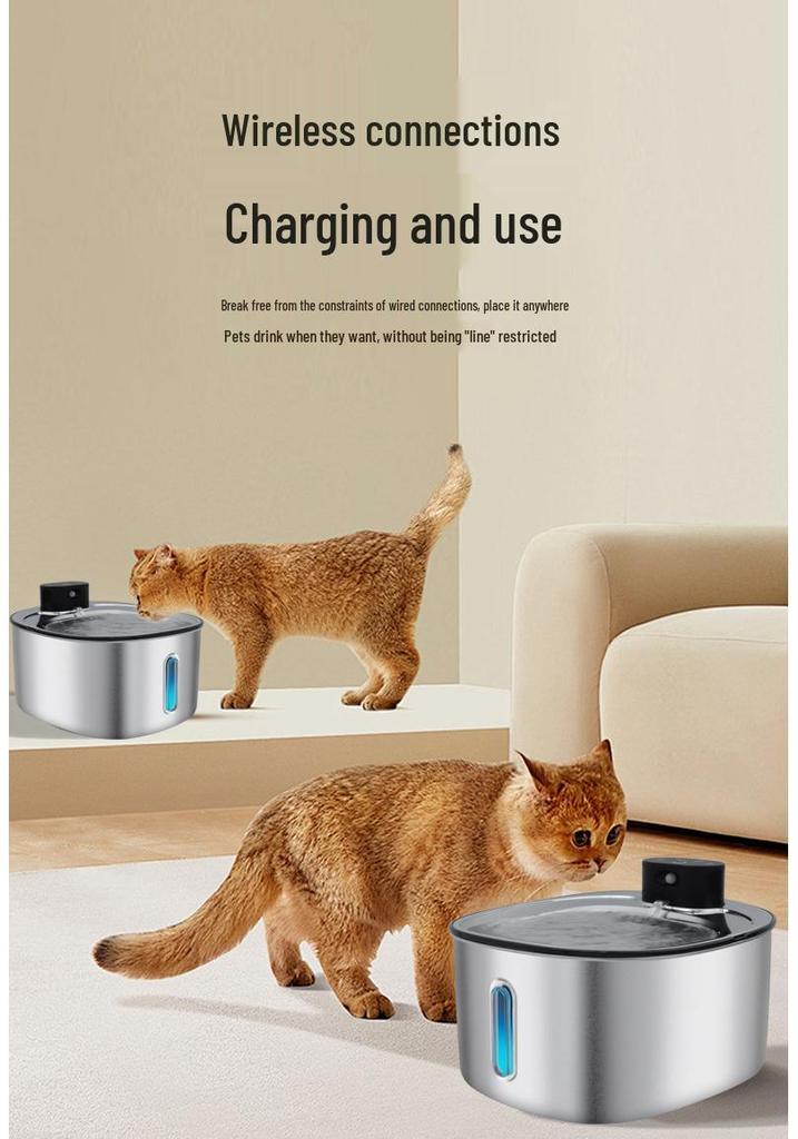 Fontanella per Acqua per Animali Domestici Quadrata in Acciaio Inossidabile da 4L - Silenziosa, Senza Fili, Lunga Durata della Batteria per Gatti e Cani