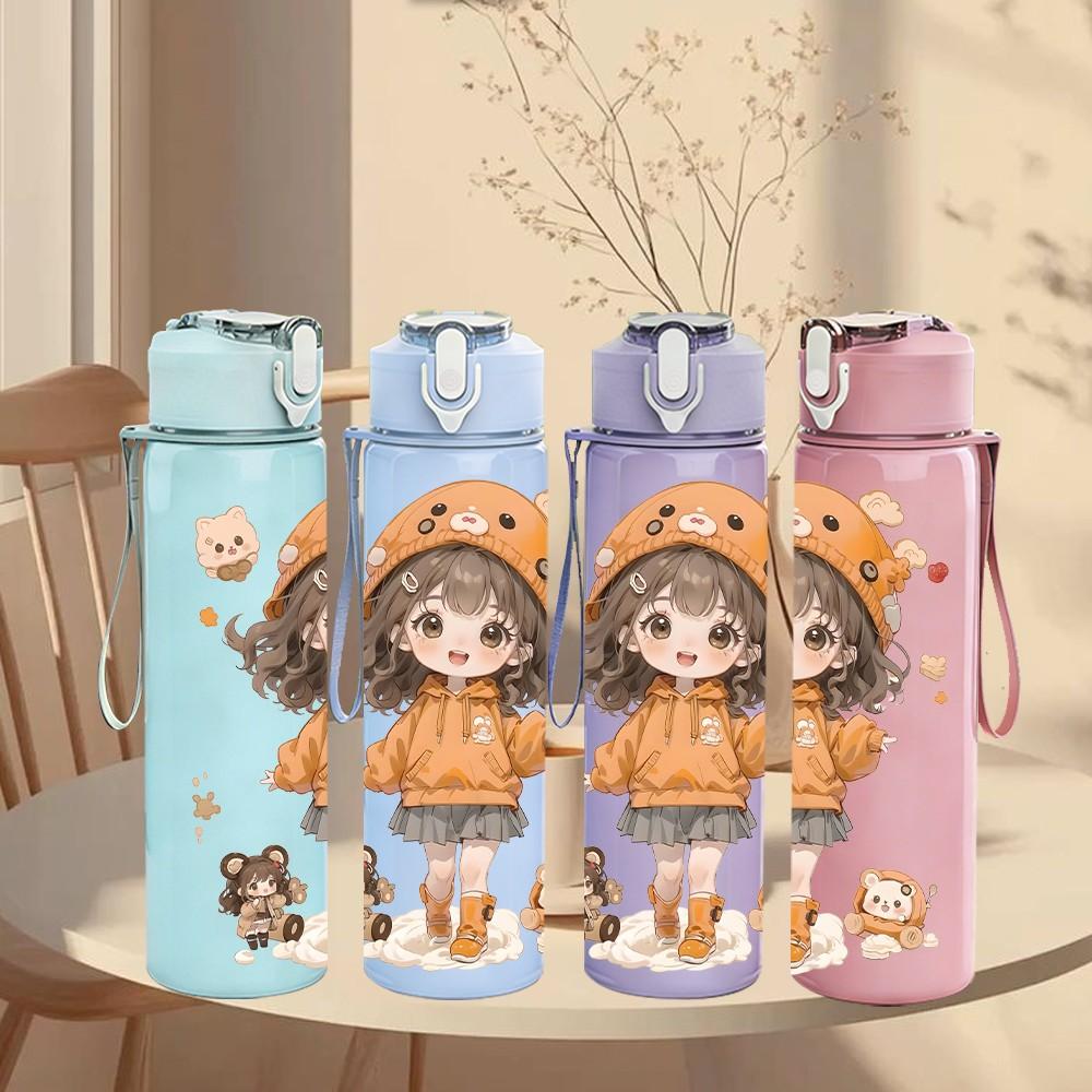 1PC Orange Hood Girl Small Pet Companion Pattern 750ml Color Plastic Sports Water Bottle Leakproof Flip Straw Lid Suitable for Sports Office Home Use