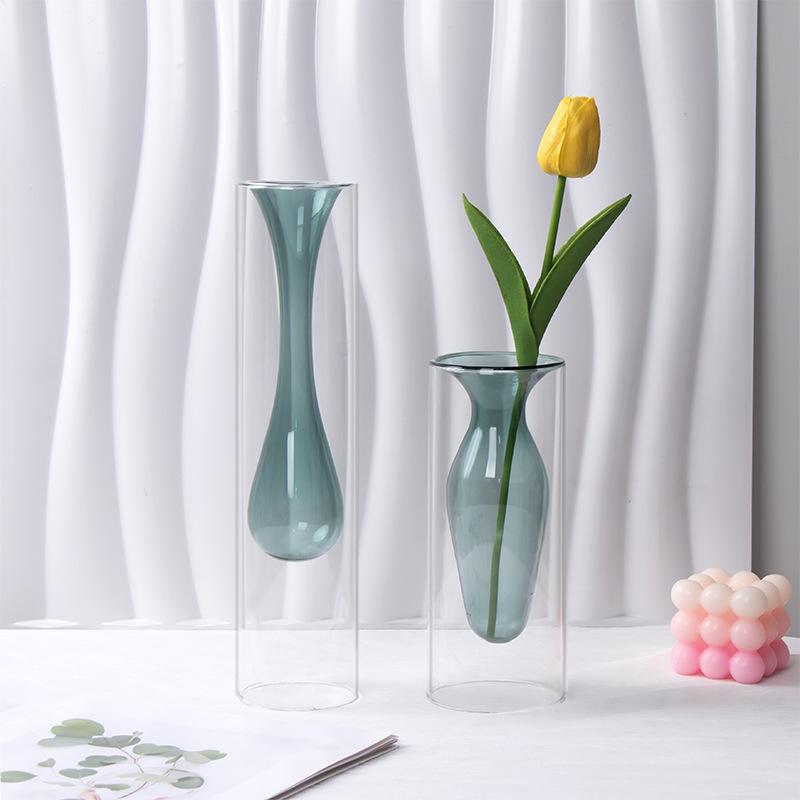 Colorful Double-layer Glass Vase, Vase Decoration Glass Vase Flowerpot Home Office Dining Table Decoration