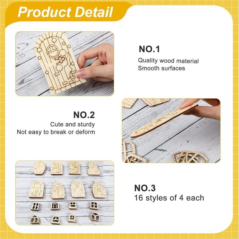 A60zfairy Door Mini Wooden Garden Doors 64 Pcs Unfinished DIY Craft Fairy House Kit Unpainted Wood Miniature Blank Windowmay