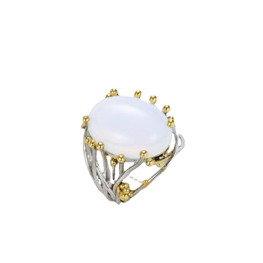 Zhenrong Women's Inlaid Moonstone-Imitation Ring, European & American Style, Plated 18K Gold Two-Tone Jewelry