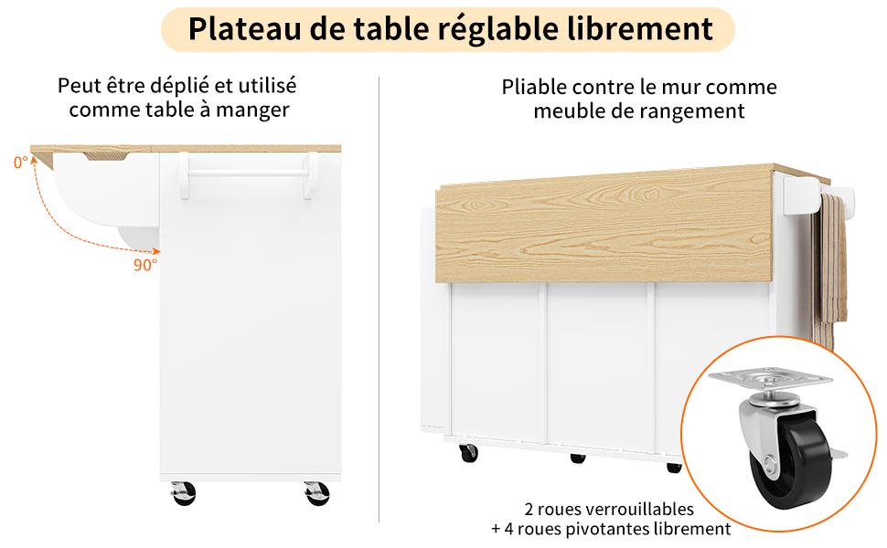 Servierwagen mit Holzmaserung, Küchenwagen mit Rädern, mit Gewürzregal und Handtuchhalter, Insel mit Schiebetüren und Schubladen, weiß