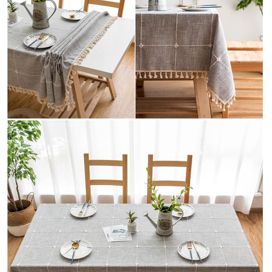 Grey Large Square Embroidery Tassel Tablecloth,Cotton Linen Dust-Proof Checkered Table Cover,For Kitchen Dinning Tabletop Decor