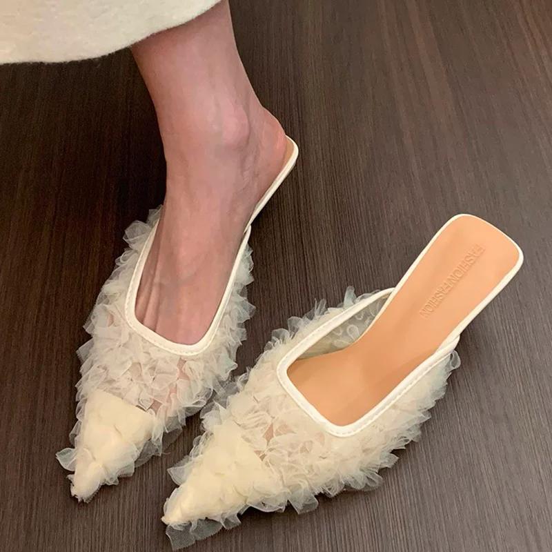 Pointed Toe Heeled Slippers Women Elegant Mules Shoes Mid Heels Sandals 2025 Fashion Slides Summer Pumps New Luxury Woman Shoes