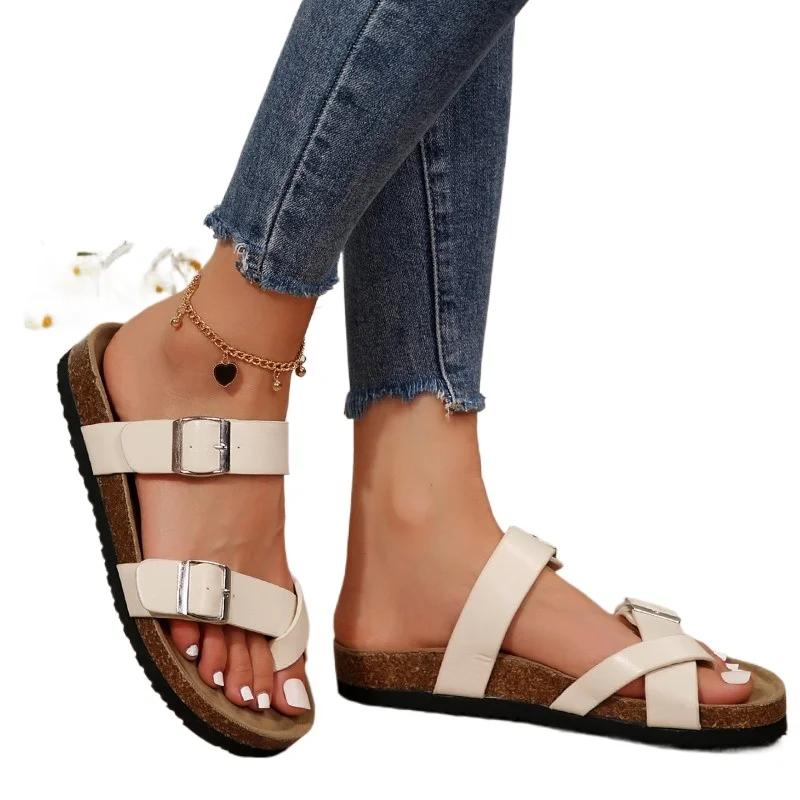 2024 Sommer Hochwertige Damenschuhe Neue Mode Mode Slipper Einfarbig Niedriger Absatz Schnalle Römische Damen-Strandsandalen
