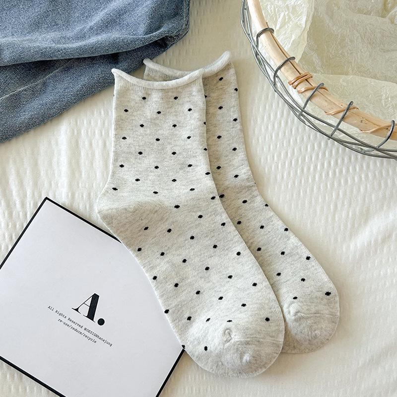 Polka-Dot-Baumwollsocken im koreanischen Stil für Damen – Atmungsaktiv, Weich, Wadenhoch, Umgeschlagener Rand, Lockere Passform – Perfekt für Frühling und Herbst
