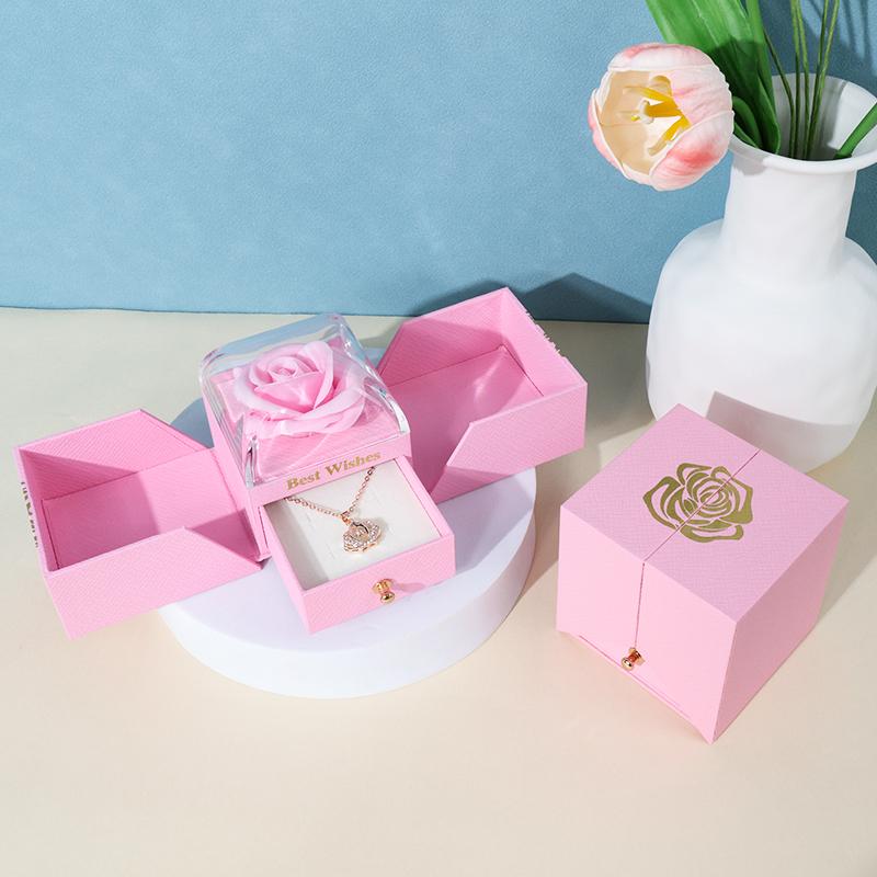 Jewelry Packaging Box Double Open Gatefold Rose Flower Gift Box with Drawer Custom Logo Velvet Ring Earring Necklace Case