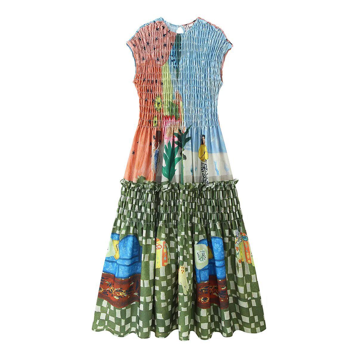 

2025 Summer Sleeveless Pleated Printed Dress - European & American Style Women s Fashion Large синій