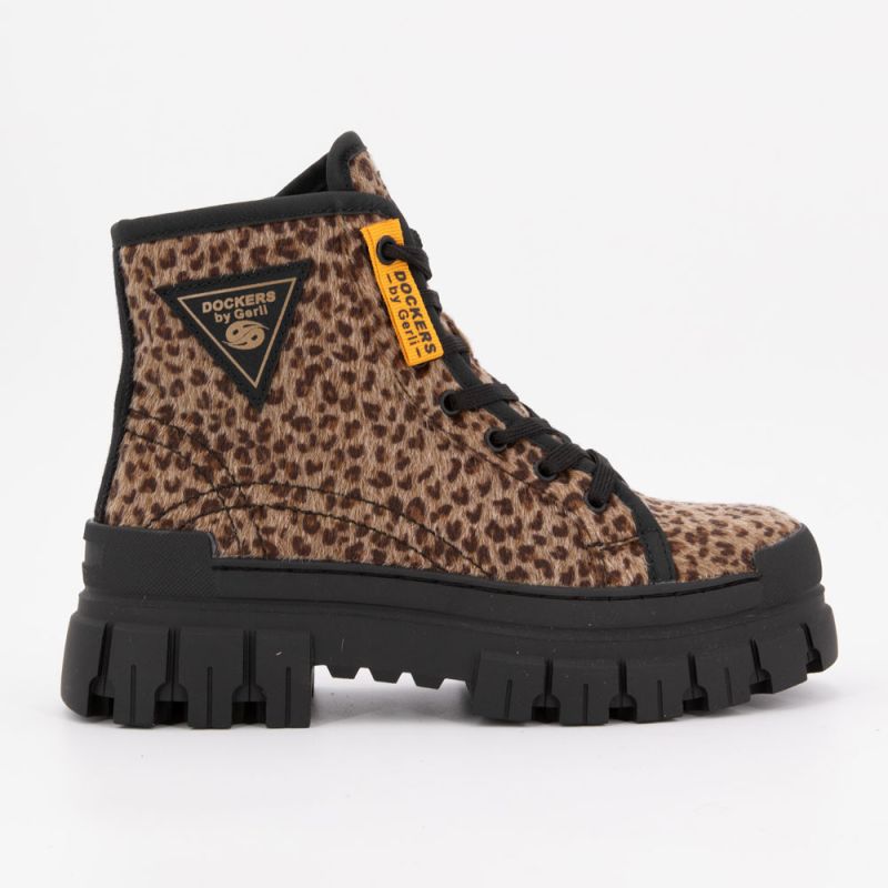 Bottines à poils imprimé léopard avec lacets noirs semelle crantée Femme DOCKERS BY GERLI
