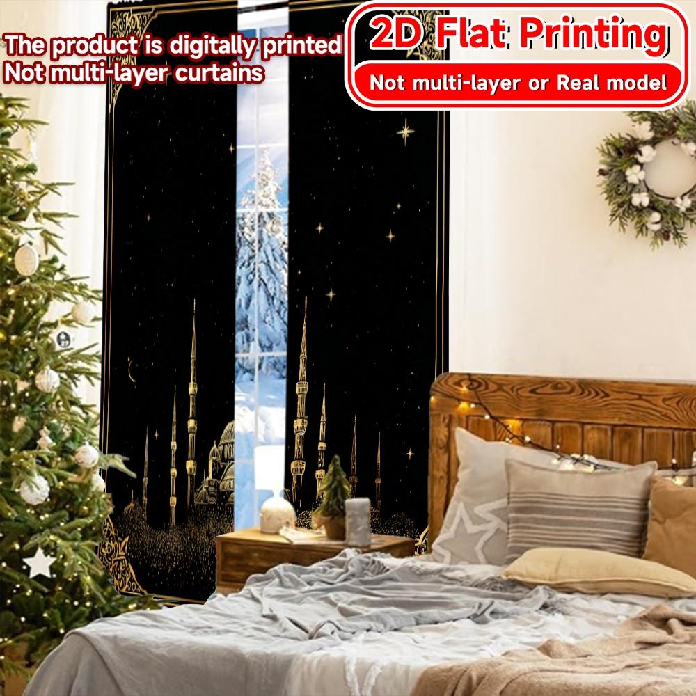 Flat Printing Golden Mosque Fashionable Curtains Fabric Art Deco Festive Living Room Bedroom Home Curtain Set Of 2 Modern Made Polyester Washable