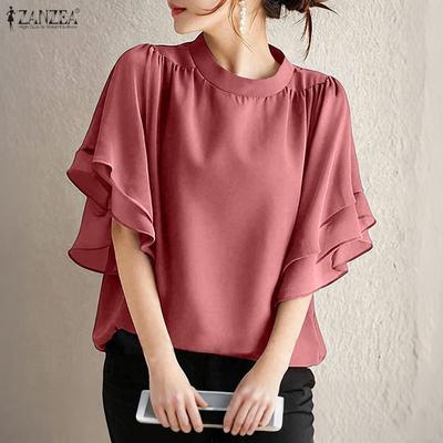Women Casual Round Neck Loose Summer Ruffles Short Sleeve Blouse