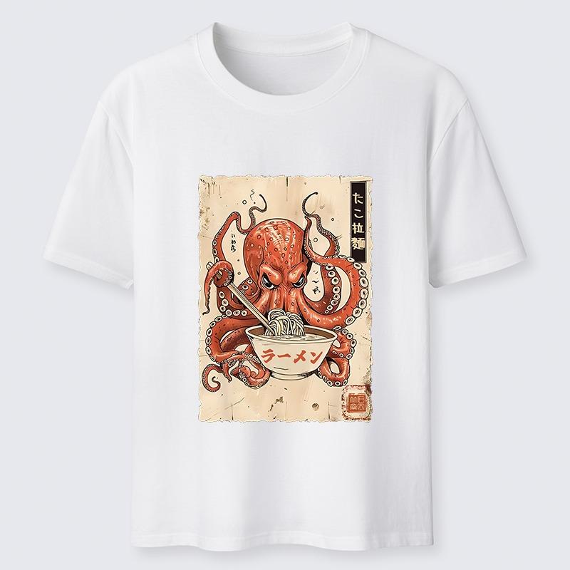 Japanese Style Cotton T-shirts Casual Loose Men's Short Sleeve O-neck Harajuku Tee Retro Octopus Eating Ramen Classic Tunic