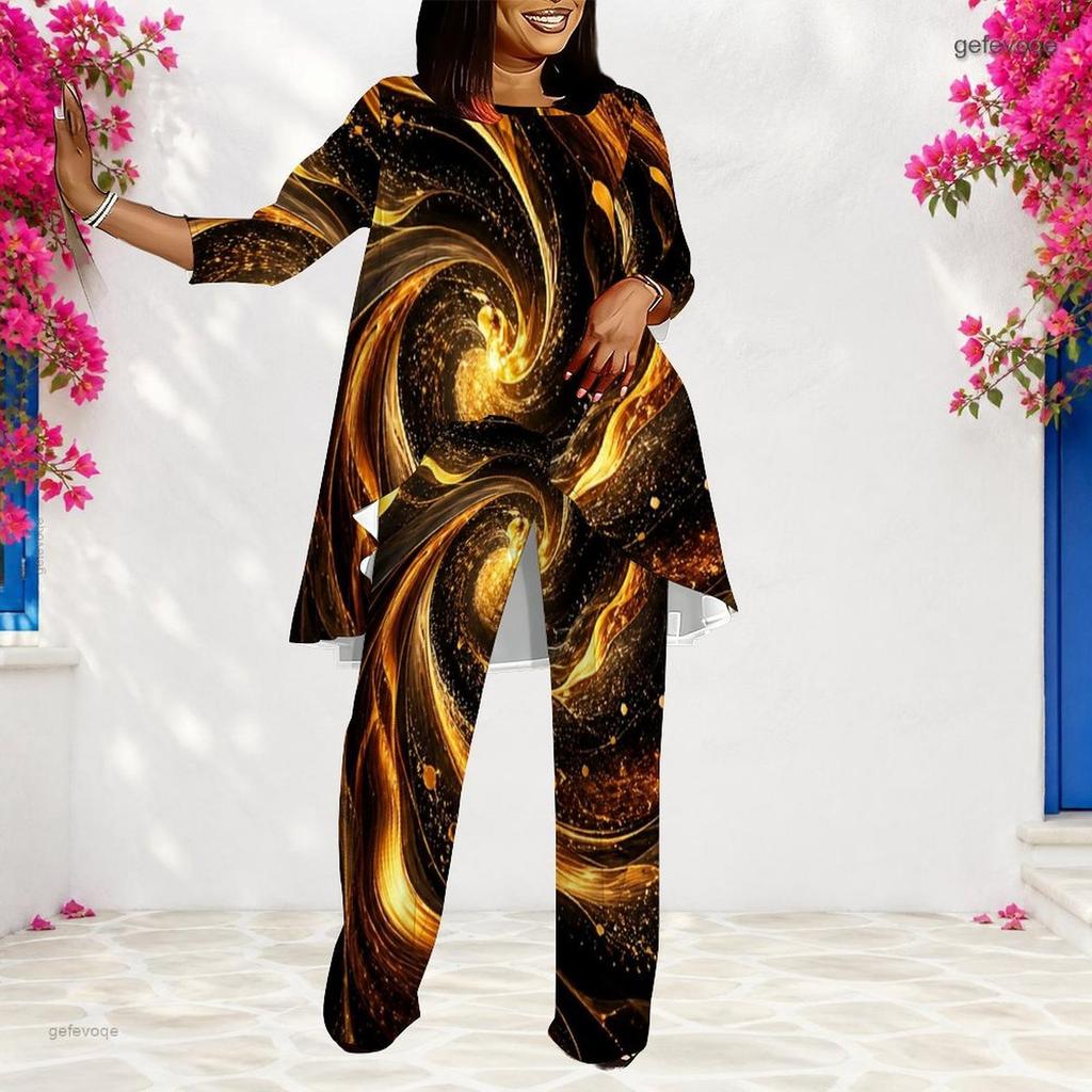 Women Plus Size Round Neck Long Sleeve Printed Layered Top Long Pants Two Piece Set