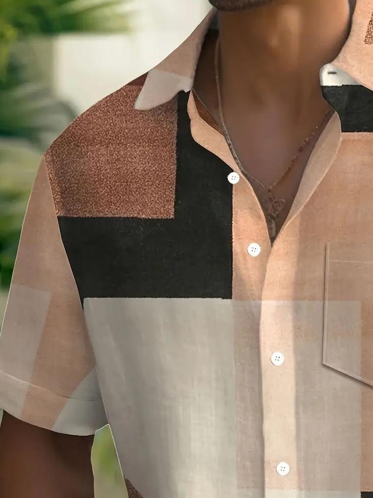 Mens Fashion Short Sleeve Geometric Pattern Button Shirt Trendy Versatile Breathable and Comfortable