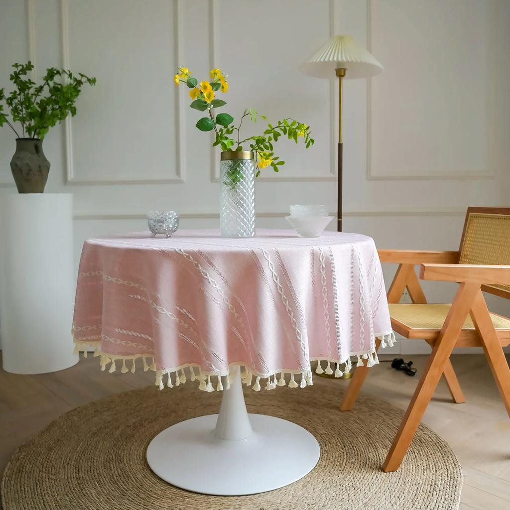 Solid Embroidery Lattice Tablecloth Cotton Linen Dust-Proof Checkered Table Cover For Kitchen Dinning Tabletop Decoration