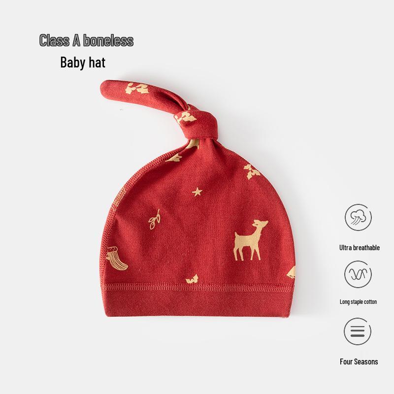 Newborn Baby Cotton Hat for Autumn/Winter, Fontanelle Protection, 0-6 Months, Big Red