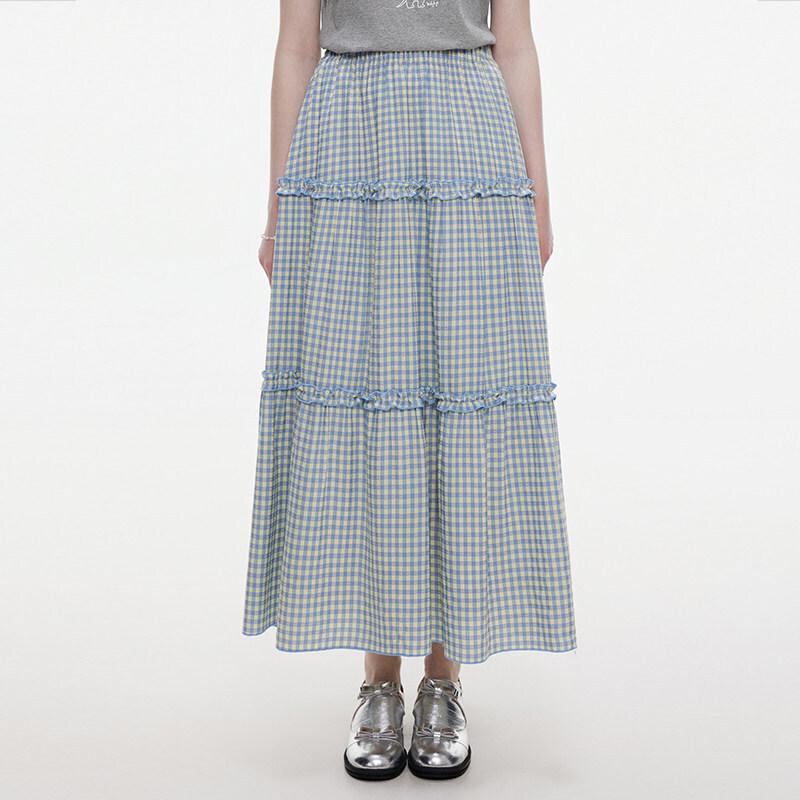 Women s Plus Size Plaid Ruffle-Trim A-Line Midi Skirt L