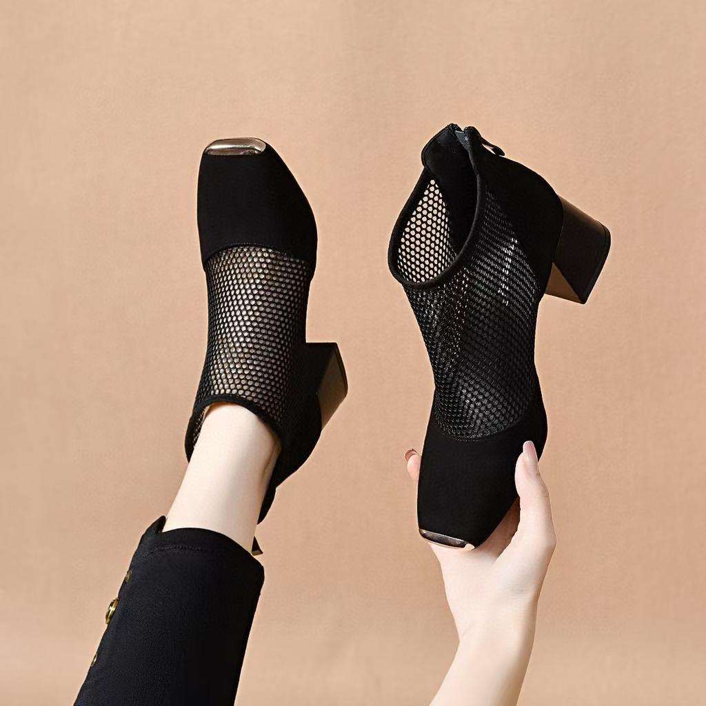 Net shoes women's spring and summer niche personality high-end cool boots iron bag head hollow high heels fashion shoes