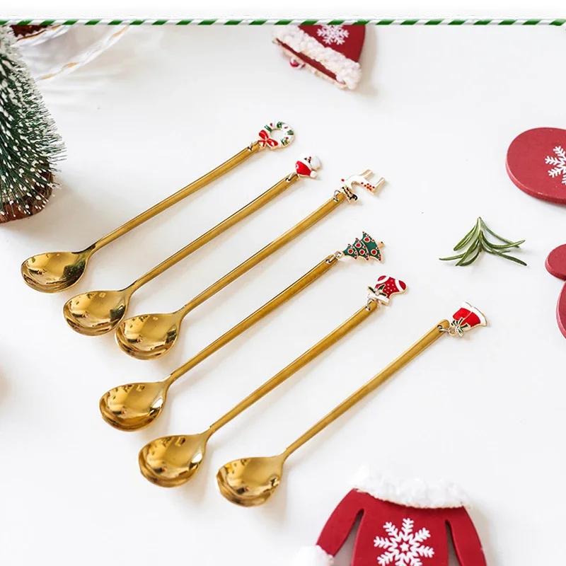 New Year  Stainless Steel Christmas Spoons Xmas Party Coffee Spoon with Christmas Pendant Christmas Decorations Noel Gift