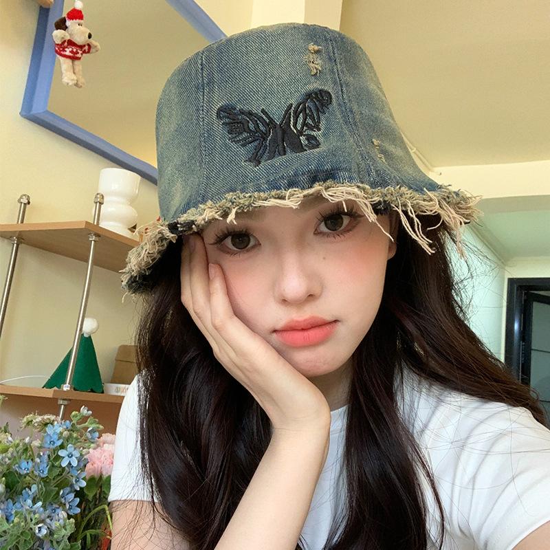

Vintage Washed Distressed Embroidered Butterfly Denim Fisherman Hat for Women, Versatile Bucket Hat for Large Head Circumferences, Makes Face Look M（56-58cm）