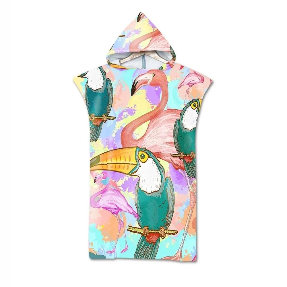 Microfiber Hooded Beach Towel For Adults Fashion Swimming Pool Bath Towel With Cloak Tropic Plant Flamingo Printed Bathrobe