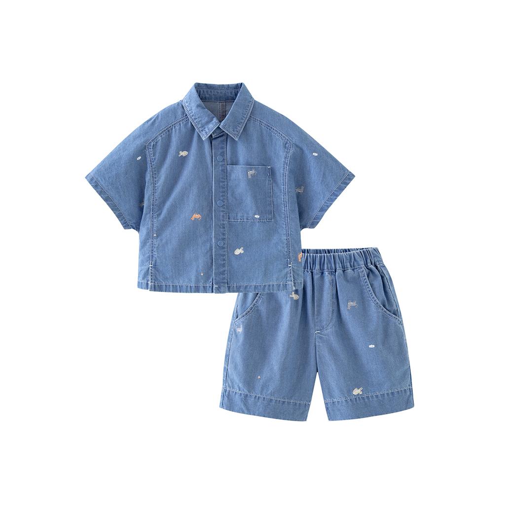 [Cowboy] Mini Balabala Boys' Set Lightweight Cotton Hemp Short Sleeve Shirt Pants Summer New 2026