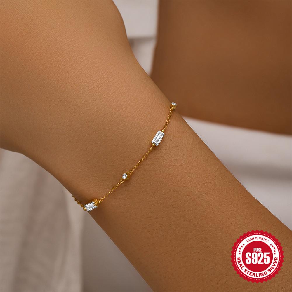Stylish And Simple S925 Sterling Silver Square Diamond-Set Stacked Daily Matching Women'S Bracelet