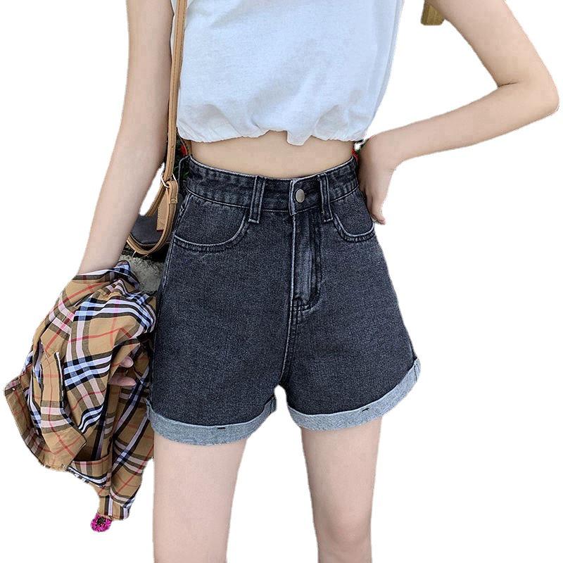 Women's High Waist Denim Shorts - Loose A-Line, Rolled Hem, Summer 2021, Korean Style Trend