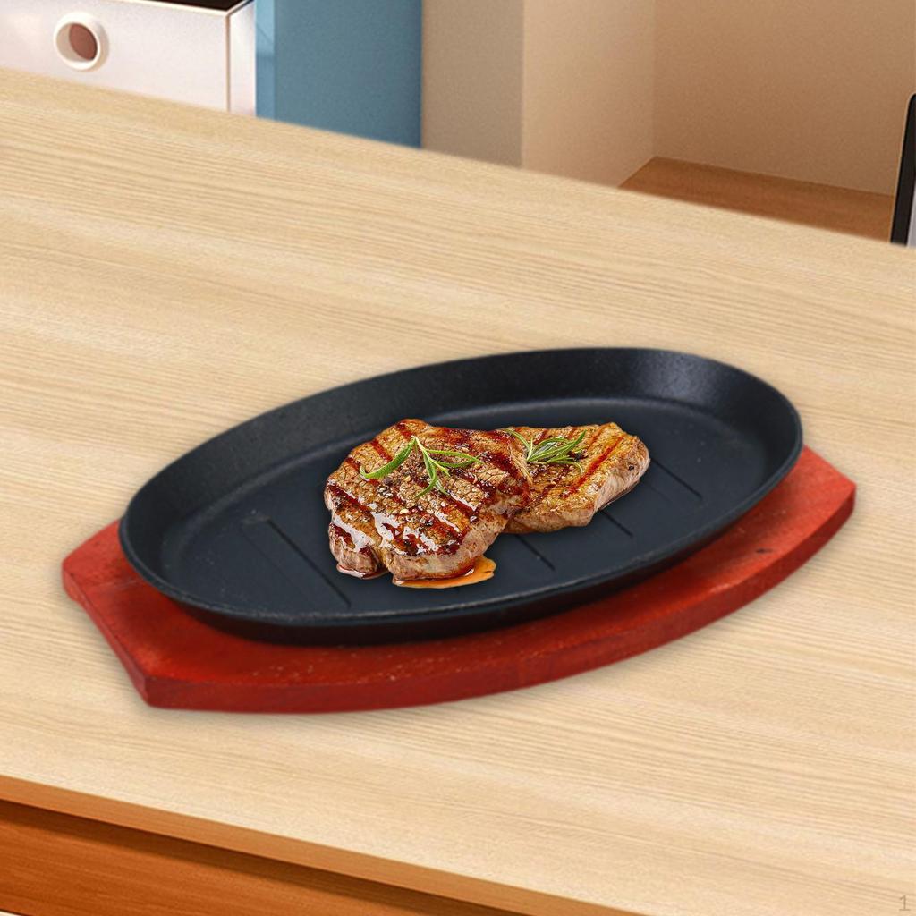 Cast Iron Steak Plate Fajita Pan with Wood Tray Serving Sizzling Dish