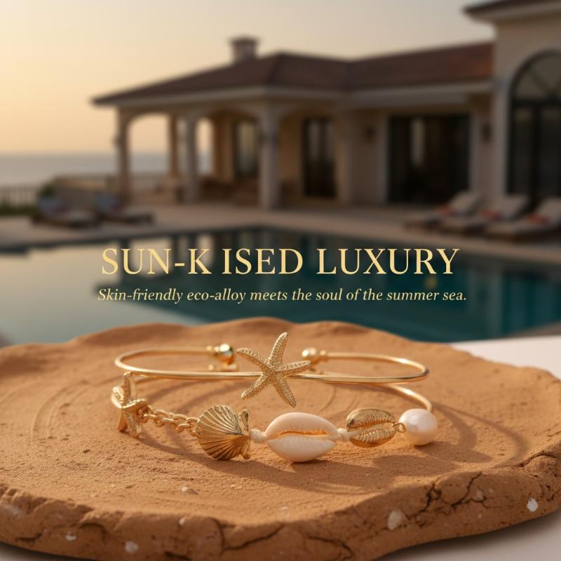 Starfish Open Bangles Set for Women 5Pcs Summer Beach Fashion Gift