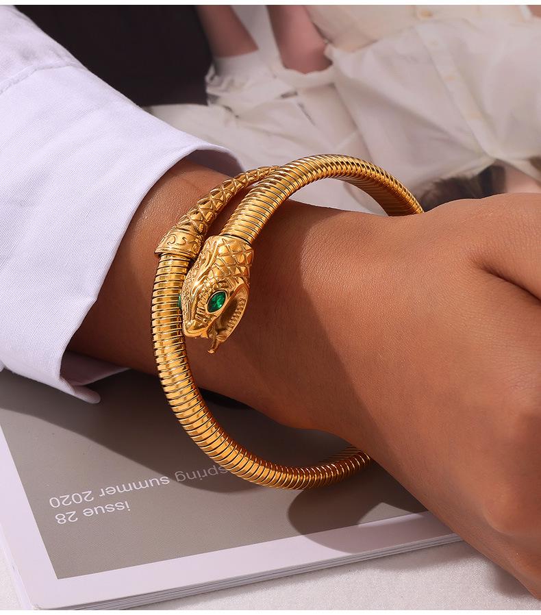 18K Gold Plated Zirconia Inlaid Titanium Steel Snake Head Tail Chain Bracelet