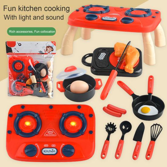 1 Set Mini Kitchen Cooking Playset Adjustable Knob Stove with Sound Light Cookware Utensils Accessories Toddlers Children Chef Pretend Play House Toys