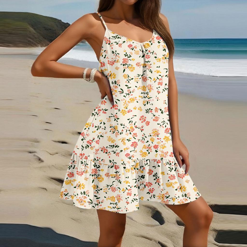 Women's Fashion Casual Sleeveless Round Neck Loose Floral Print Beach Dress