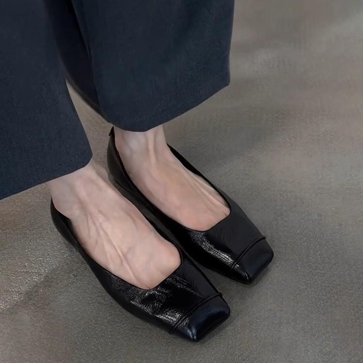 Sheepskin Version~ Black Retro Thin Leather Comfortable Commuting Flat Shoes Women's Minimalist Square Head One Pedal Small Single Shoes