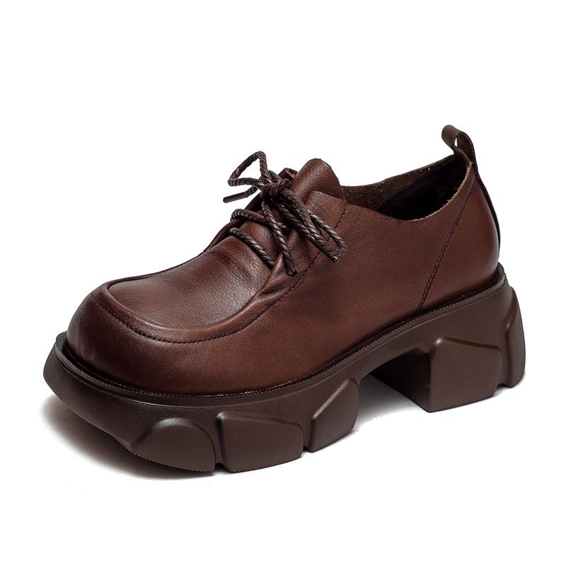 Shanghai Retro Platform Thick Sole Lace-Up Women's Loafers - Versatile, Fashionable, Height Increasing Cowhide Shoes