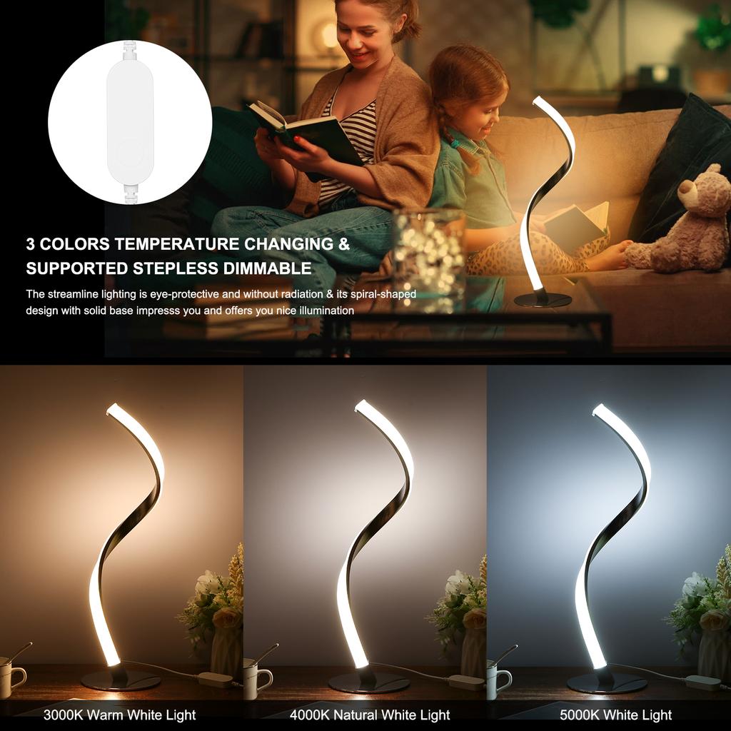 Neoglint 10W Spiral LED Table Light Dimmable 3 Lighting Colors Bedside Desk Lamp Nightstand Lamp for Bedroom Living Room
