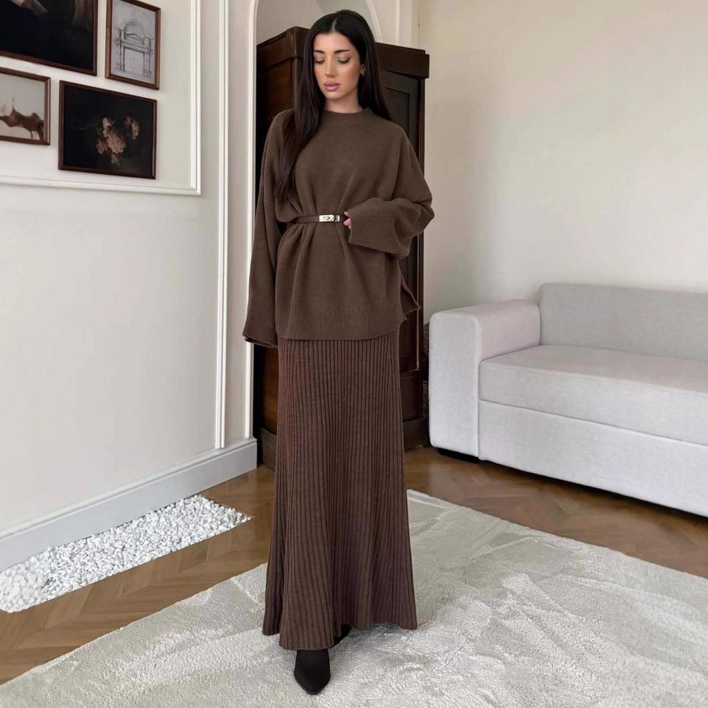  cross-border European and American autumn new round neck loose top belt waist pit strip hip skirt women's clothing