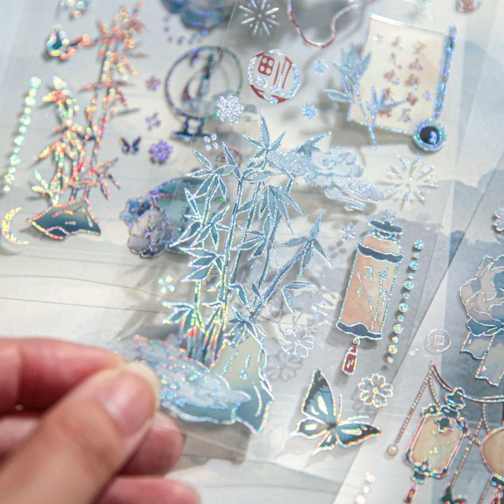 Handmade Moonlight Flower Collage Decals Decorative Holographic Laser Sticker  Diary Album