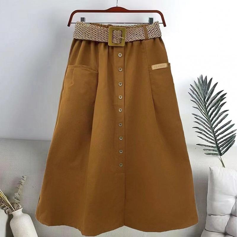 Cotton Midi Skirt With Belt Women Single -Breasted Large Pockets High Waist A -Line Skirt Autumn Summer Korean Fashion Long Skirt