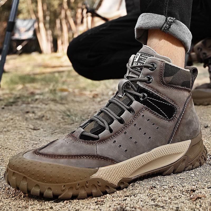Men's Waterproof Genuine Leather High-top Hiking Shoes - Anti-slip, Warm, Plus Velvet, Thick Sole