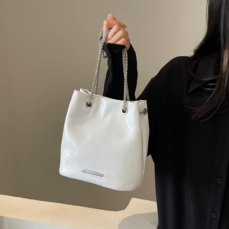 

Модная сумка-ведро большой вместимости на плечо для женщин с металлическими цепочками, идеально подходит для повседневного использования, повседневная и уникальная сумочка белый